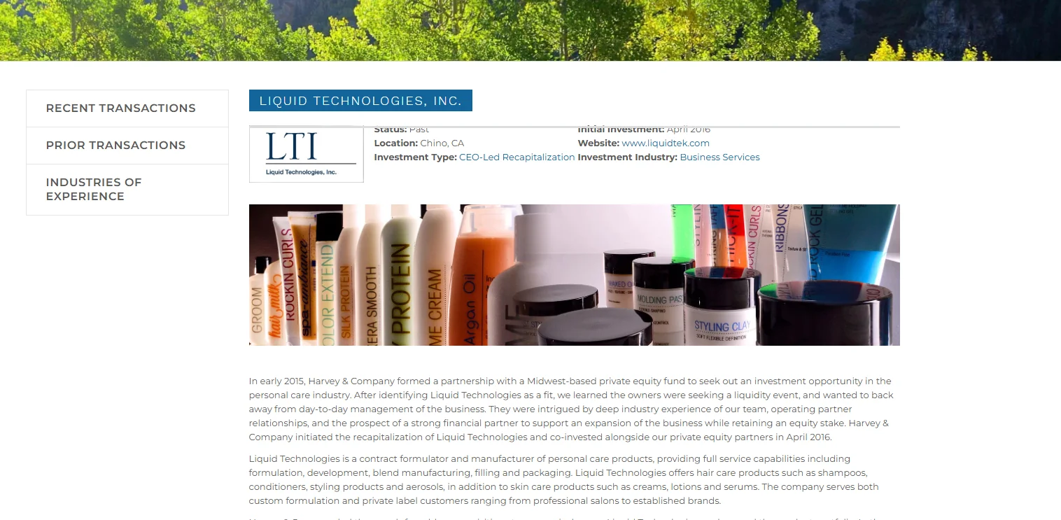 Display of Liquid Technologies personal care products with company information and investment details on a webpage.